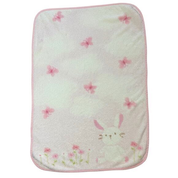 Carters Pink Bunny Baby Blanket Plush Fleece Rabbit Flowers Butterfly *READ* - Picture 2 of 8